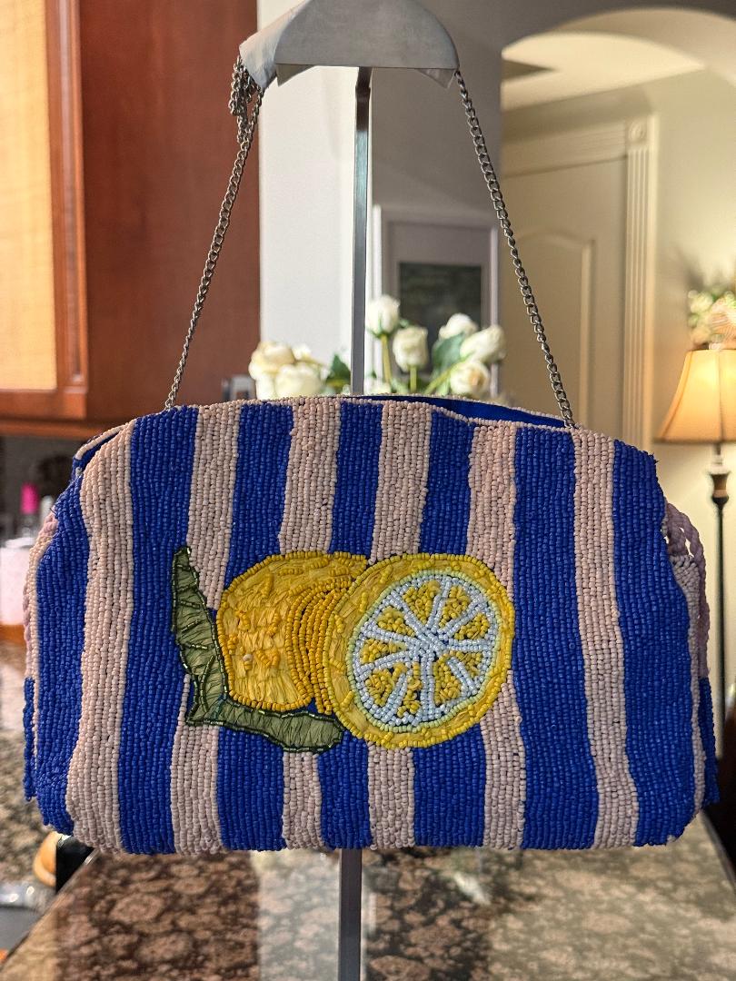 Trending Beading Bags and Resort Collection - Blue & White Striped Lemon Beaded Clutch