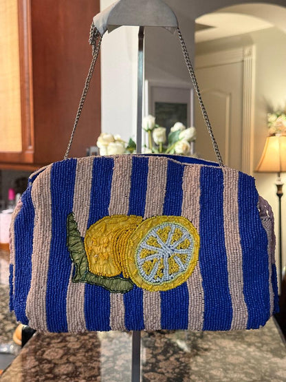 Trending Beading Bags and Resort Collection - Blue & White Striped Lemon Beaded Clutch