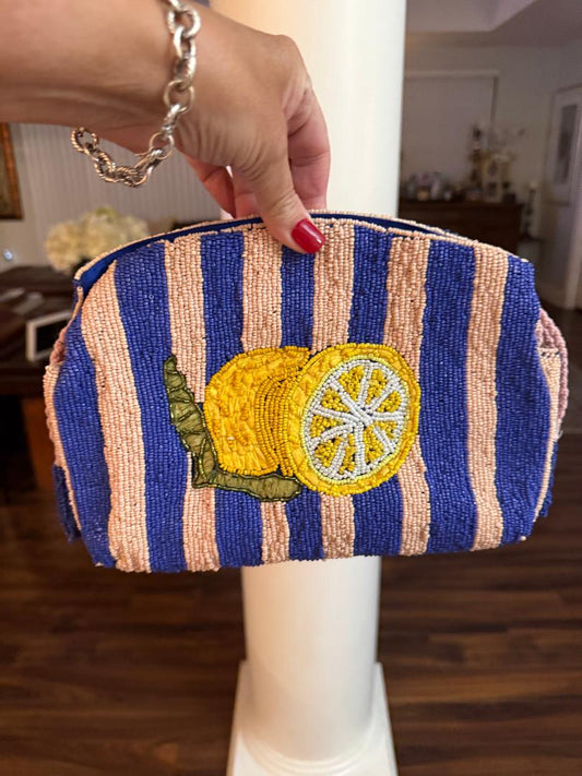 Trending Beading Bags and Resort Collection - Blue & White Striped Lemon Beaded Clutch