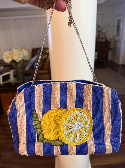 Trending Beading Bags and Resort Collection - Blue & White Striped Lemon Beaded Clutch