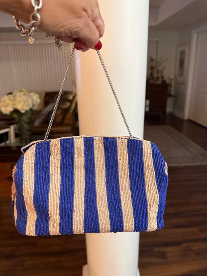 Trending Beading Bags and Resort Collection - Blue & White Striped Lemon Beaded Clutch