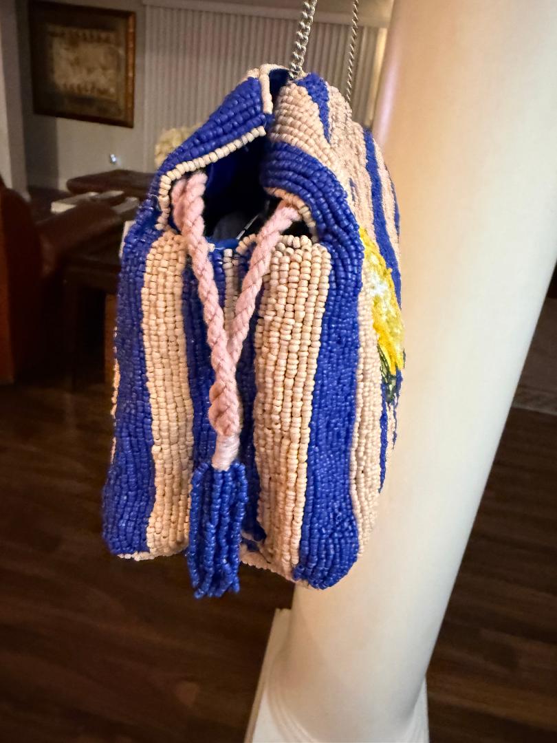 Trending Beading Bags and Resort Collection - Blue & White Striped Lemon Beaded Clutch