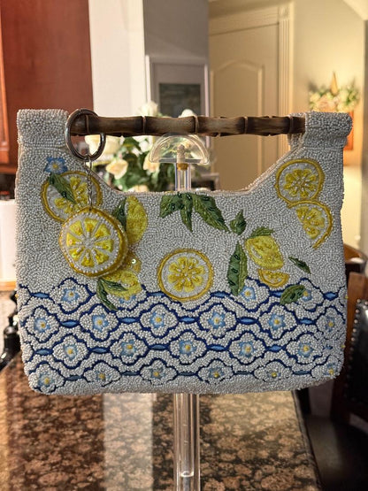 Trending Beaded Bags and Resort Collection - Blue Lemon Beaded Bamboo Clutch