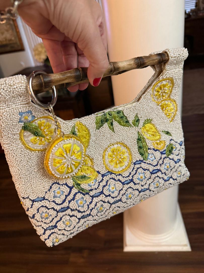 Trending Beaded Bags and Resort Collection - Blue Lemon Beaded Bamboo Clutch