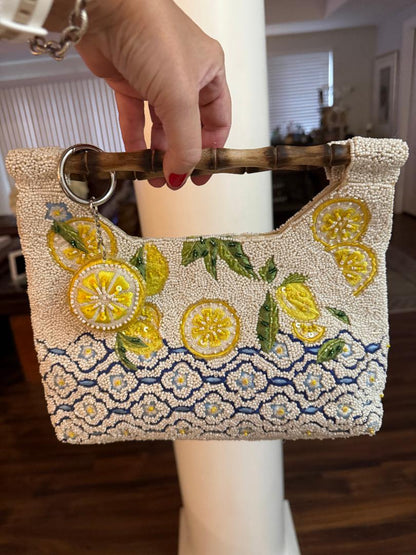Trending Beaded Bags and Resort Collection - Blue Lemon Beaded Bamboo Clutch