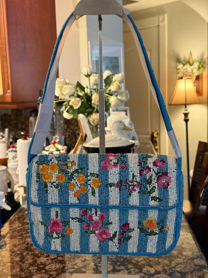 Trending Beaded Bags and Resort Collection - Blue Multi Floral Beaded Shoulder Bag