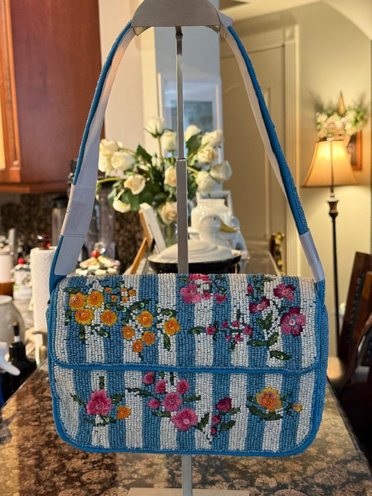 Trending Beaded Bags and Resort Collection - Blue Multi Floral Beaded Shoulder Bag