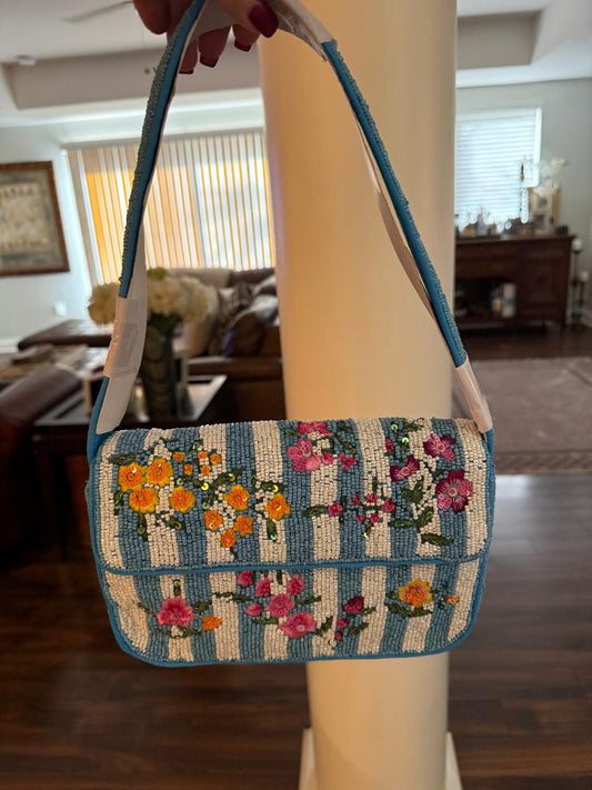 Trending Beaded Bags and Resort Collection - Blue Multi Floral Beaded Shoulder Bag