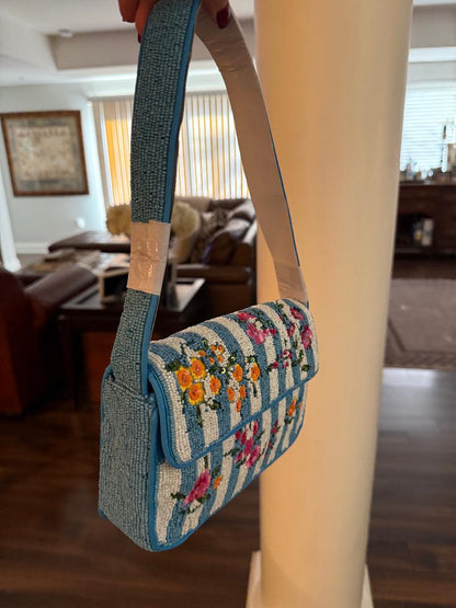 Trending Beaded Bags and Resort Collection - Blue Multi Floral Beaded Shoulder Bag