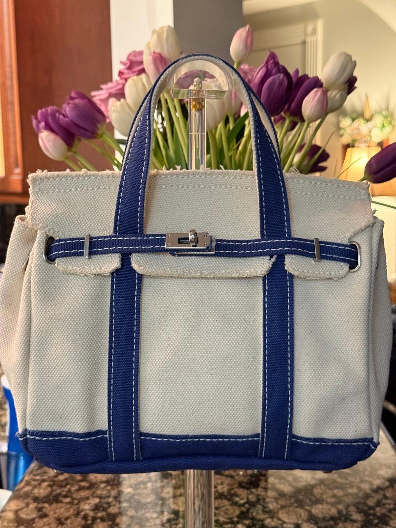 Trending Beaded Bags and Resort Collection - BOATKIN SMALL Blue/White Canvas Tote Bag