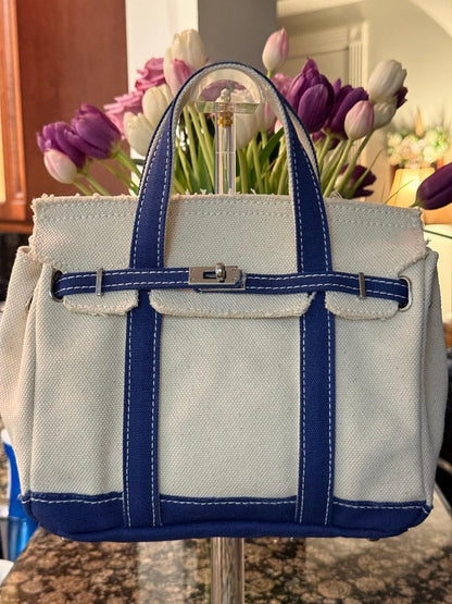 Trending Beaded Bags and Resort Collection - BOATKIN SMALL Blue/White Canvas Tote Bag