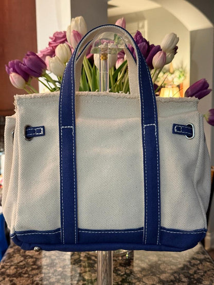 Trending Beaded Bags and Resort Collection - BOATKIN SMALL Blue/White Canvas Tote Bag
