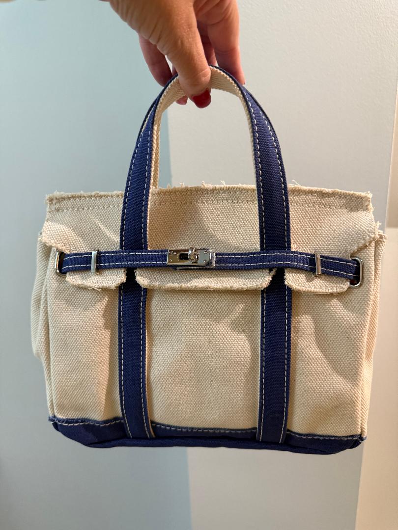 Trending Beaded Bags and Resort Collection - BOATKIN SMALL Blue/White Canvas Tote Bag