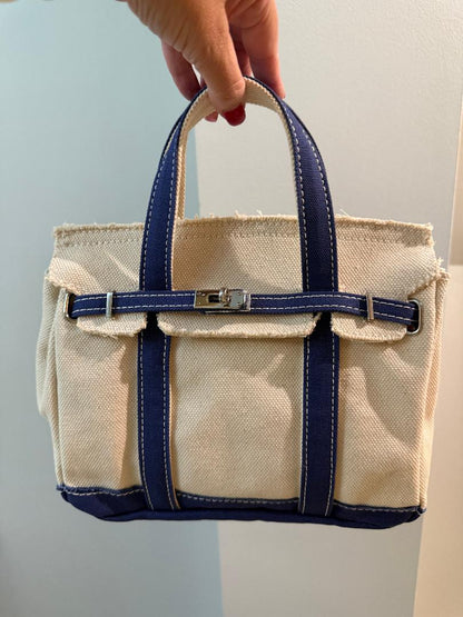 Trending Beaded Bags and Resort Collection - BOATKIN SMALL Blue/White Canvas Tote Bag