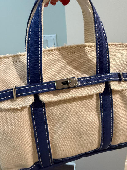 Trending Beaded Bags and Resort Collection - BOATKIN SMALL Blue/White Canvas Tote Bag