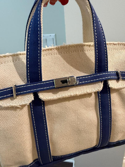Trending Beaded Bags and Resort Collection - BOATKIN SMALL Blue/White Canvas Tote Bag