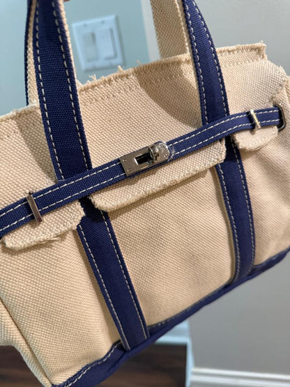 Trending Beaded Bags and Resort Collection - BOATKIN SMALL Blue/White Canvas Tote Bag