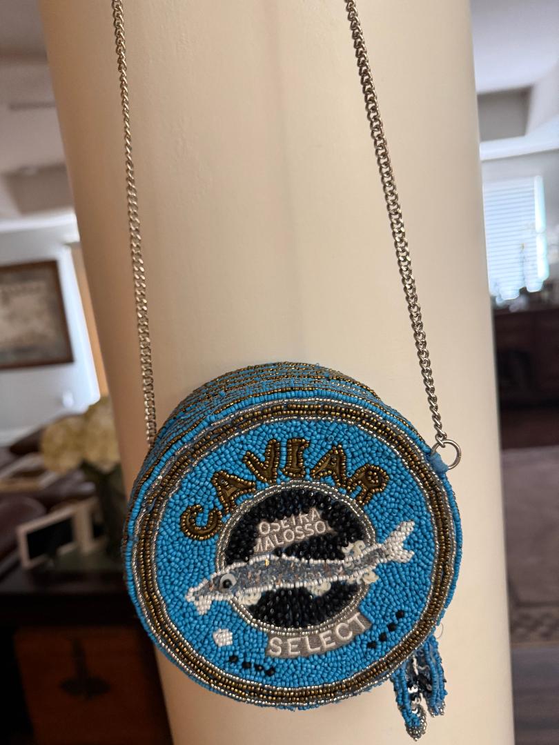 Trending Beaded Bags and Resort Collection - Blue Sardine Caviar Round Crossbody