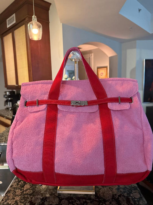 Trending Beaded Bags and Resort Collection - BOATKIN MEDIUM Pink/Red Terry Cloth Tote Bag
