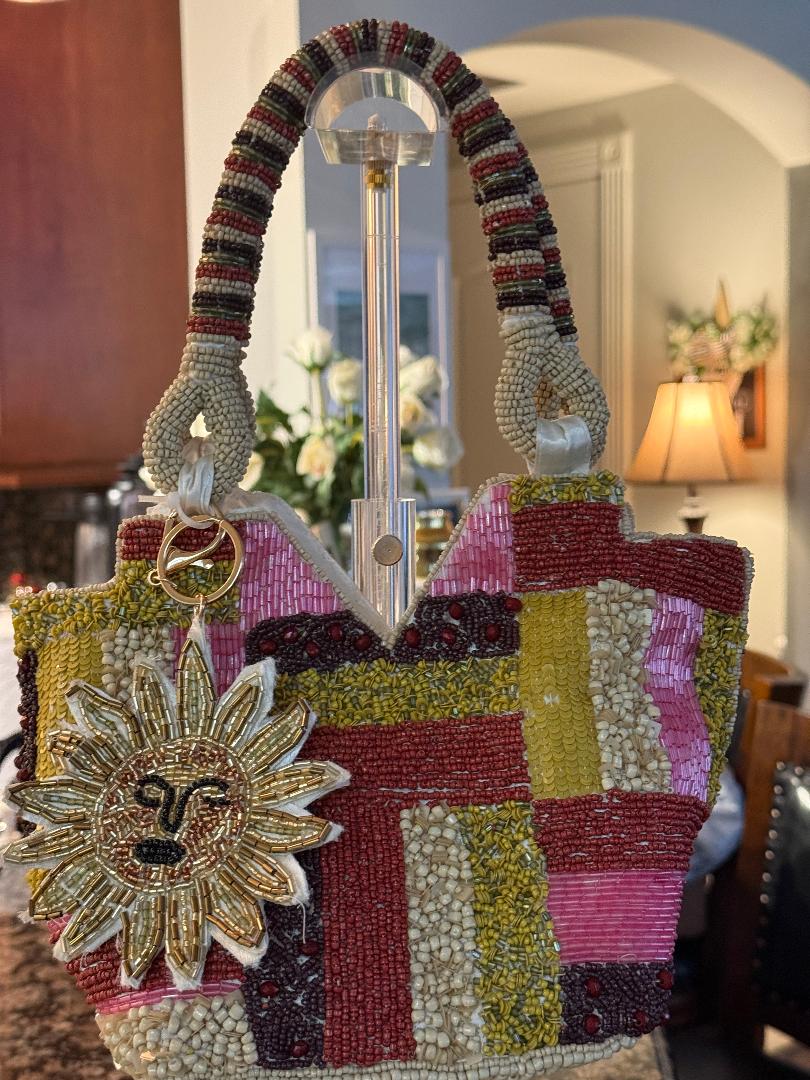 Trending Beaded Bags and Resort Collection - Patchwork Sun Beaded Top Handle Bag