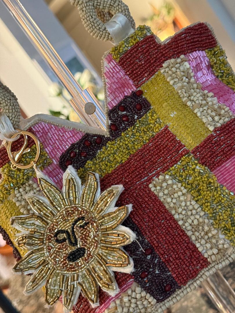 Trending Beaded Bags and Resort Collection - Patchwork Sun Beaded Top Handle Bag