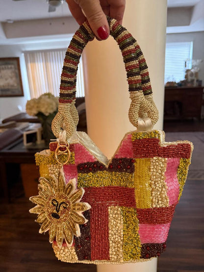 Trending Beaded Bags and Resort Collection - Patchwork Sun Beaded Top Handle Bag