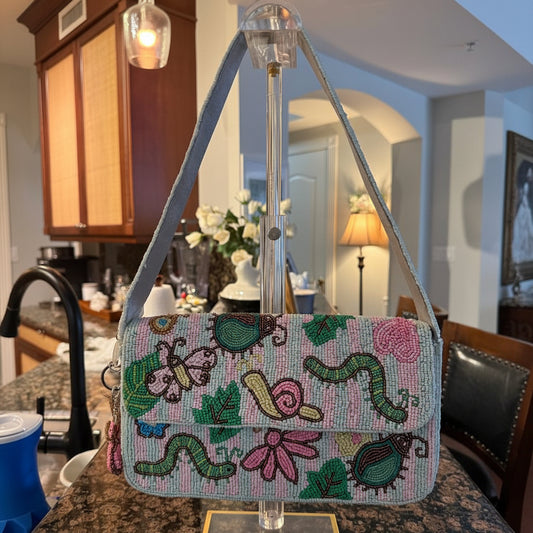 Beaded handbag with bug caterpillar floral and animal patterns 