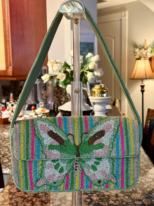 Trending Beaded Bags and Resort Collection - Butterfly Green with Multi-Colored Stripes
