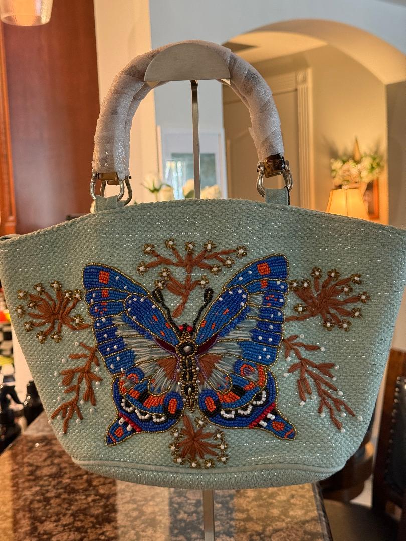 Trending Beaded Bags and Resort Collection - America & Beyond Blue Butterfly Beaded Tote