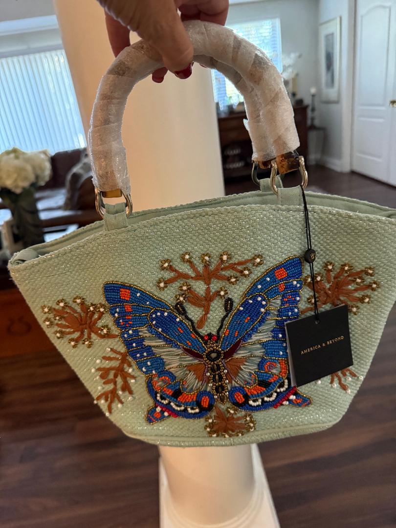 Trending Beaded Bags and Resort Collection - America & Beyond Blue Butterfly Beaded Tote