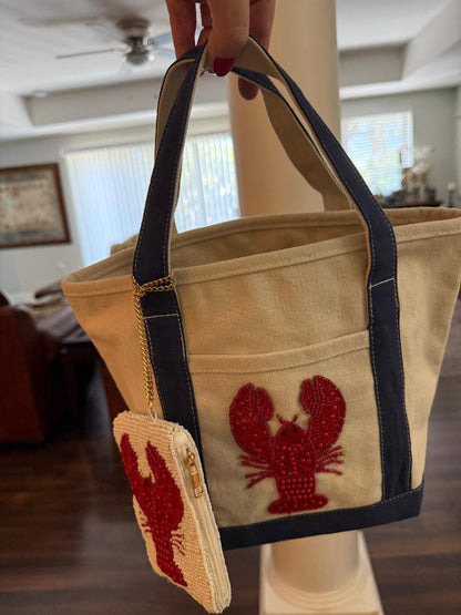 Trending Beaded Bags and Resort Collection - Canvas Beaded Lobster Tote with Coin Purse