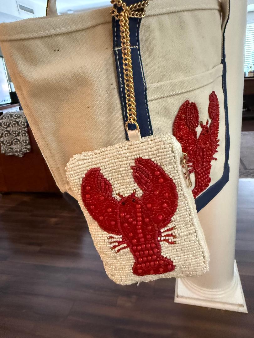 Trending Beaded Bags and Resort Collection - Canvas Beaded Lobster Tote with Coin Purse