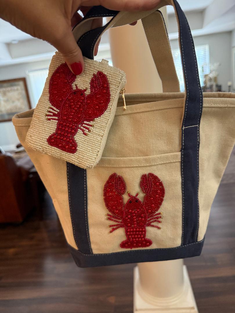 Trending Beaded Bags and Resort Collection - Canvas Beaded Lobster Tote with Coin Purse