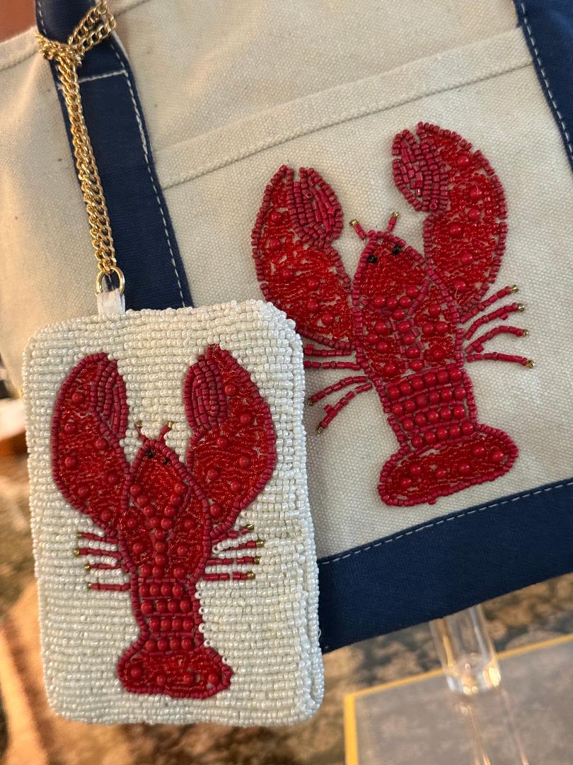 Trending Beaded Bags and Resort Collection - Canvas Beaded Lobster Tote with Coin Purse