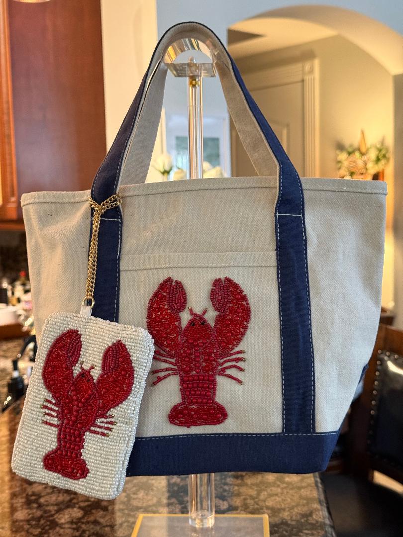Trending Beaded Bags and Resort Collection - Canvas Beaded Lobster Tote with Coin Purse