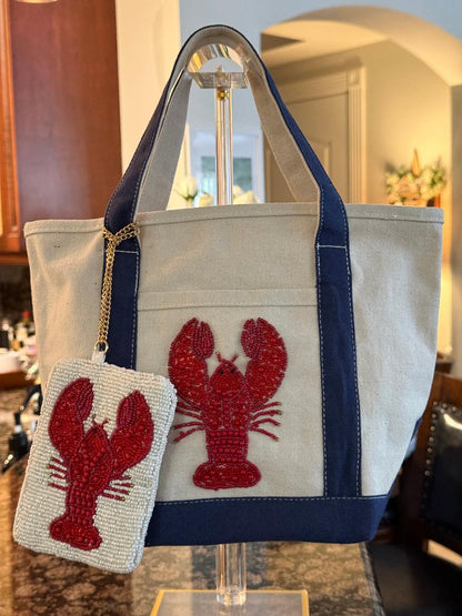 Trending Beaded Bags and Resort Collection - Canvas Beaded Lobster Tote with Coin Purse