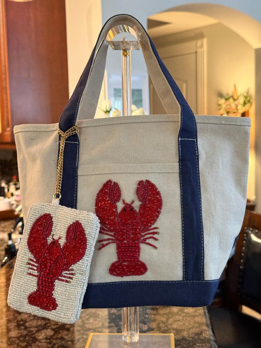 Trending Beaded Bags and Resort Collection - Canvas Beaded Lobster Tote with Coin Purse