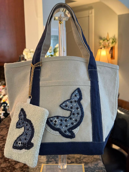 Trending Beaded Bags and Resort Collection - Canvas Beaded Whale Tote with Coin Purse