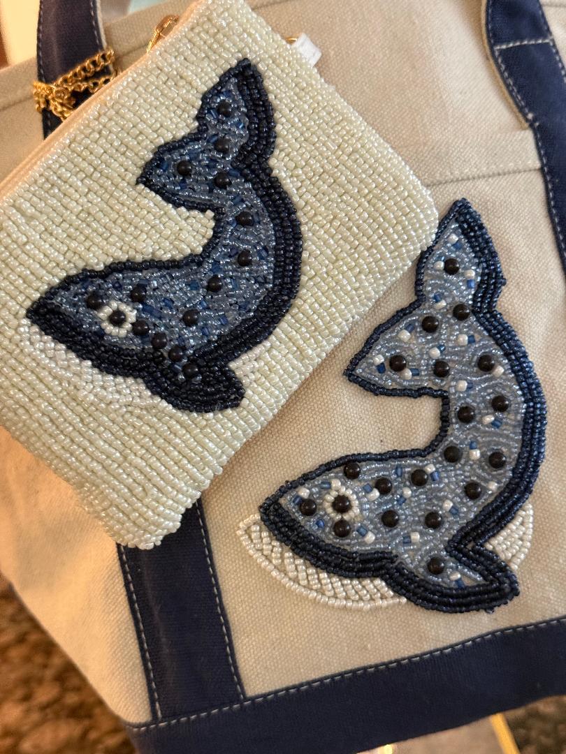 Trending Beaded Bags and Resort Collection - Canvas Beaded Whale Tote with Coin Purse
