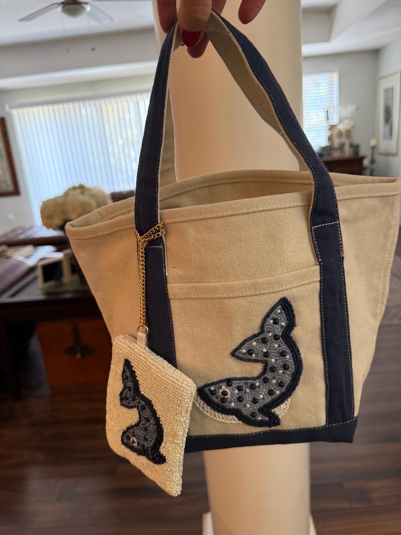 Trending Beaded Bags and Resort Collection - Canvas Beaded Whale Tote with Coin Purse