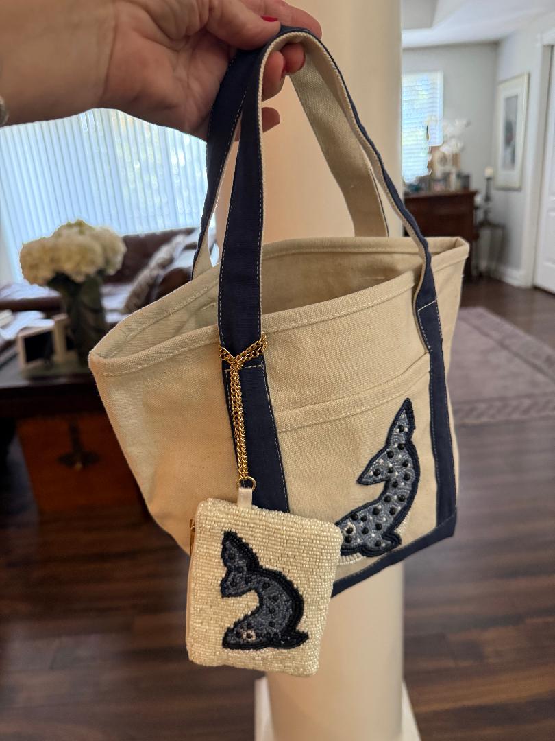 Trending Beaded Bags and Resort Collection - Canvas Beaded Whale Tote with Coin Purse
