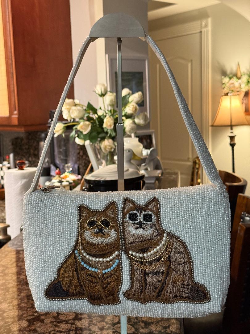 Trending Beaded Bags and Resort Collection - Fancy Cats White Beaded Shoulder Bag