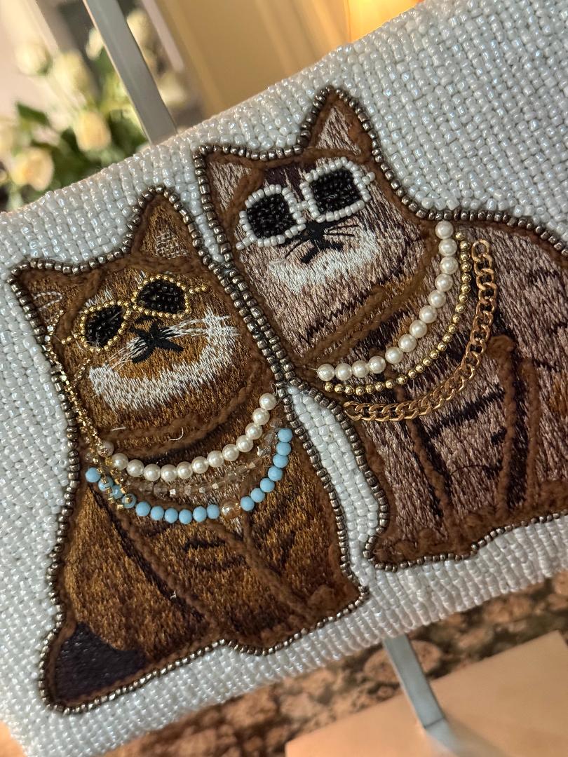 Trending Beaded Bags and Resort Collection - Fancy Cats White Beaded Shoulder Bag