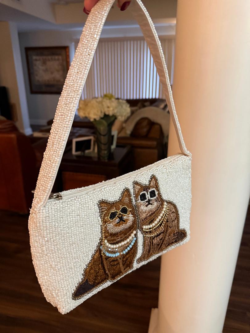 Trending Beaded Bags and Resort Collection - Fancy Cats White Beaded Shoulder Bag