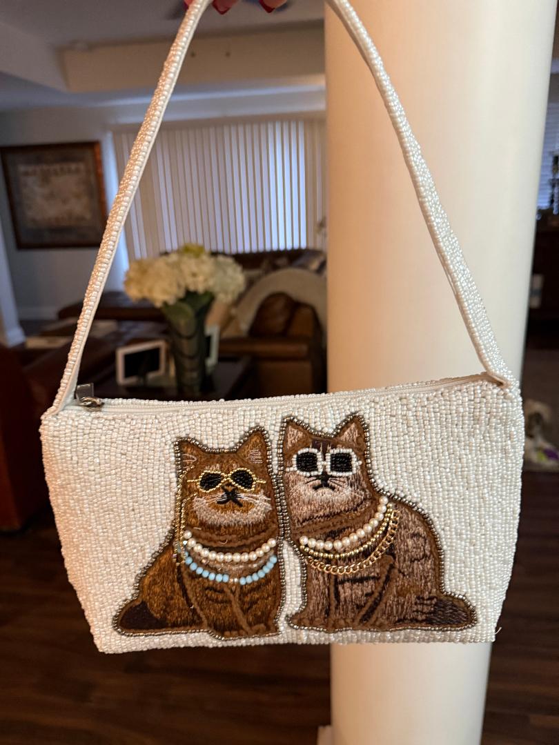 Trending Beaded Bags and Resort Collection - Fancy Cats White Beaded Shoulder Bag