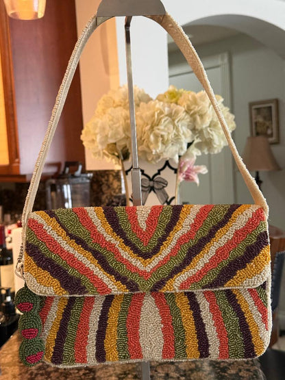 Trending Beaded Bags and Resort Collection - Chevron Stripes with Olives Bag Charm Beaded Shoulder Bag