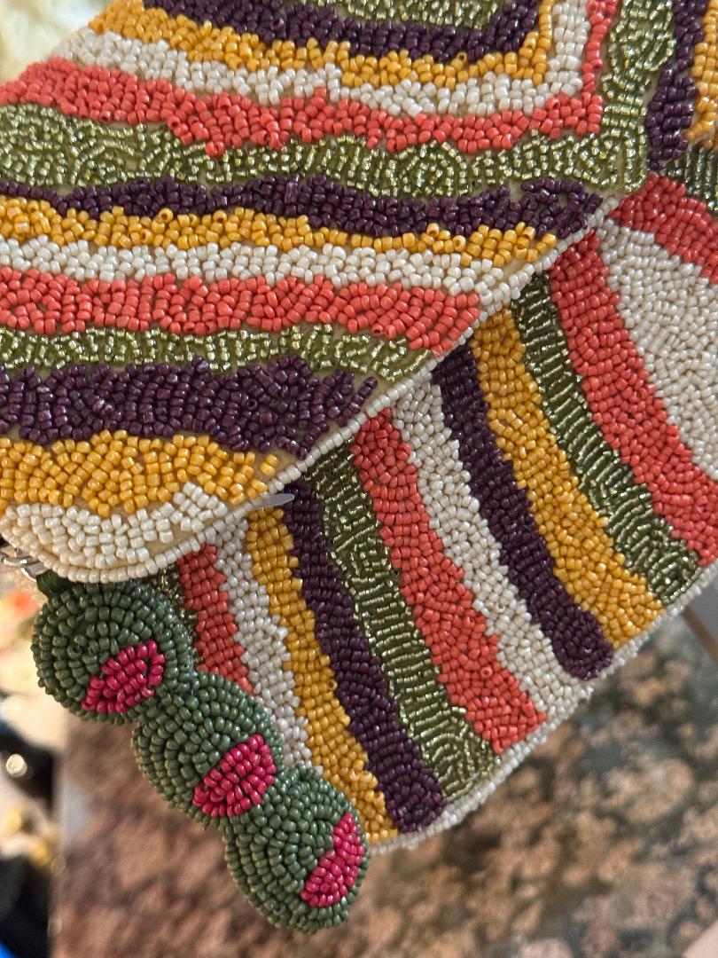 Trending Beaded Bags and Resort Collection - Chevron Stripes with Olives Bag Charm Beaded Shoulder Bag