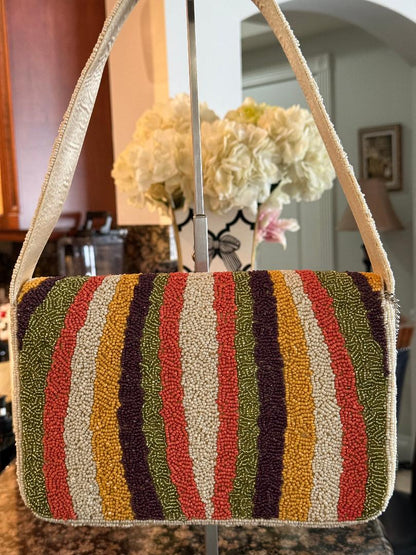 Trending Beaded Bags and Resort Collection - Chevron Stripes with Olives Bag Charm Beaded Shoulder Bag