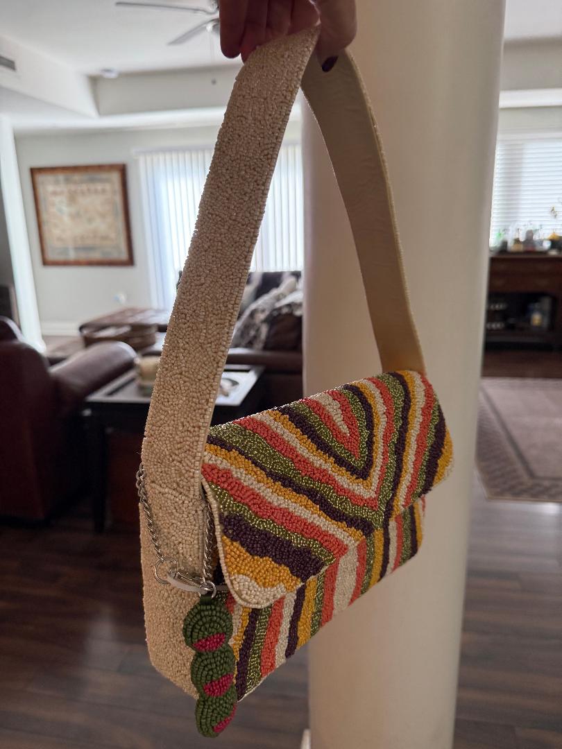 Trending Beaded Bags and Resort Collection - Chevron Stripes with Olives Bag Charm Beaded Shoulder Bag