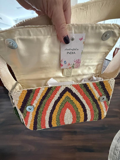 Trending Beaded Bags and Resort Collection - Chevron Stripes with Olives Bag Charm Beaded Shoulder Bag